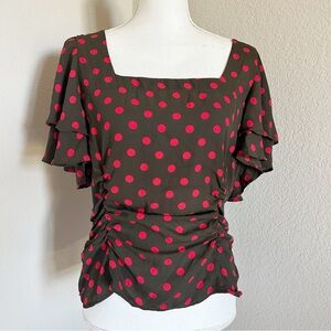 Anthropologie Amadi Polka Dot Retro Flutter Blouse Deep Chocolate Red Size L